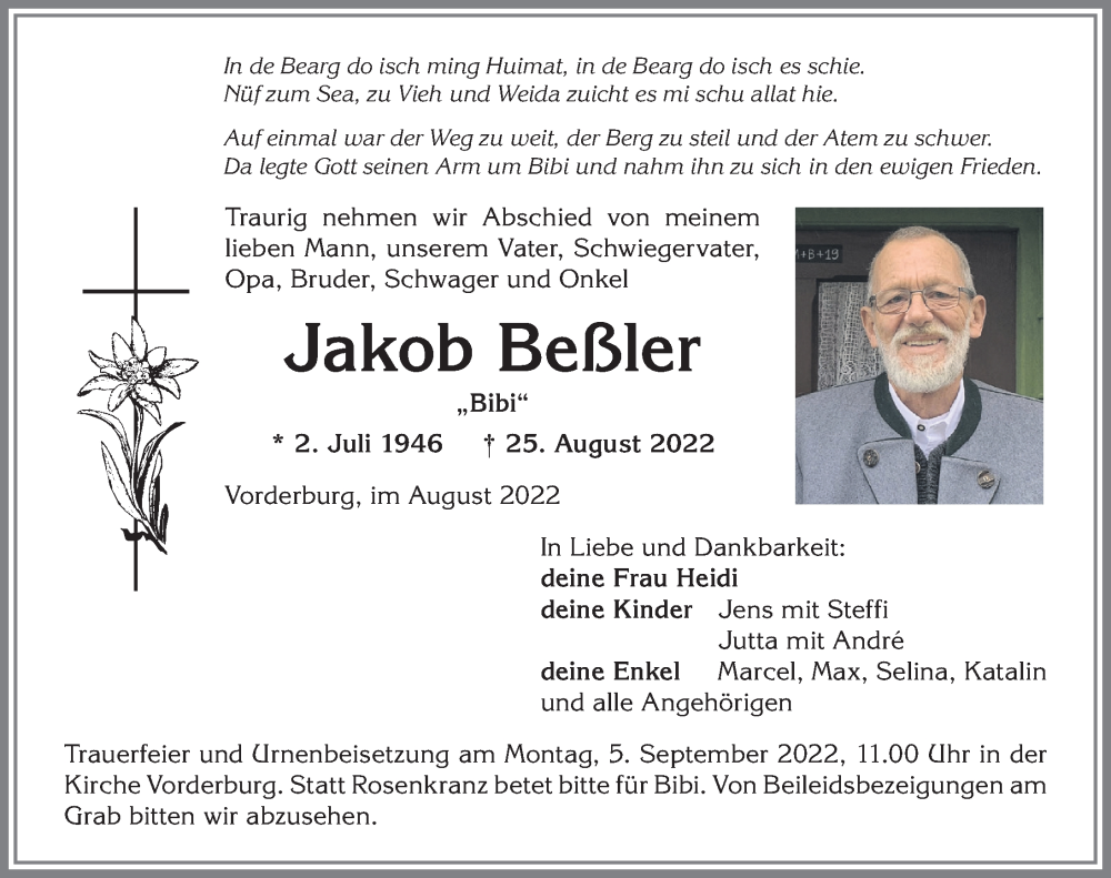  Traueranzeige für Jakob Beßler vom 01.09.2022 aus Allgäuer Anzeigeblatt