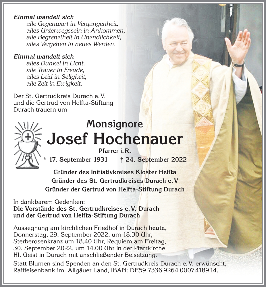  Traueranzeige für Josef Hochenauer vom 29.09.2022 aus Allgäuer Zeitung,Kempten