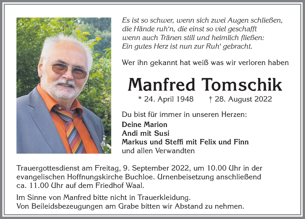 Traueranzeige von Manfred Tomschik von Allgäuer Zeitung, Kaufbeuren/Buchloe