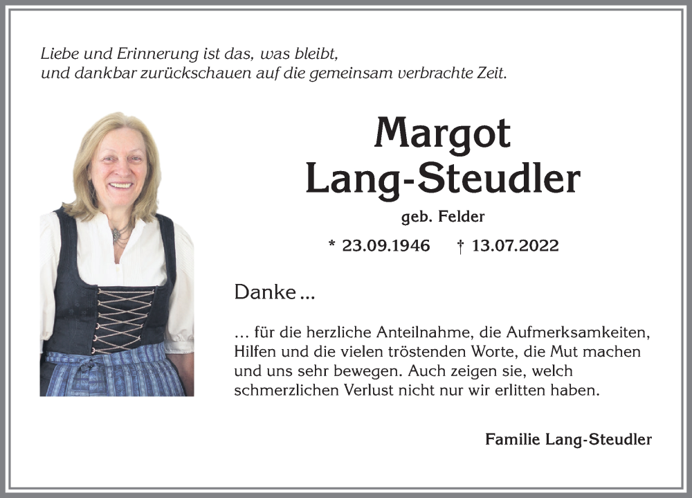 Traueranzeige von Margot Lang-Steudler von Allgäuer Anzeigeblatt