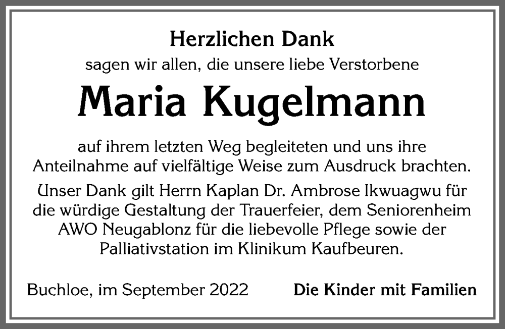 Traueranzeige von Maria Kugelmann von Allgäuer Zeitung, Kaufbeuren/Buchloe