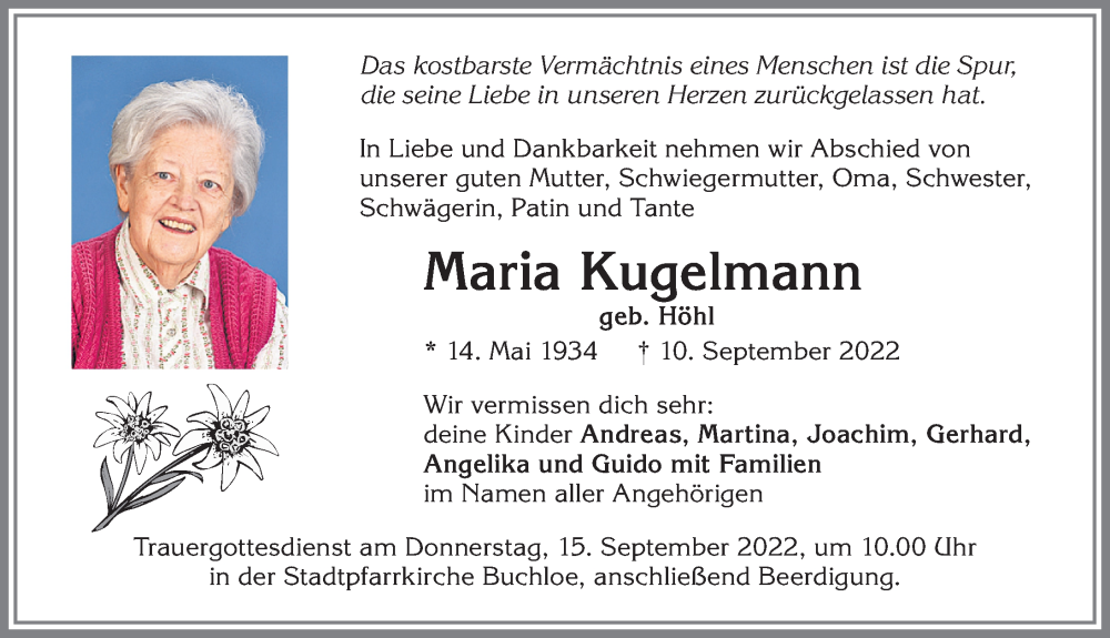 Traueranzeige von Maria Kugelmann von Allgäuer Zeitung, Kaufbeuren/Buchloe