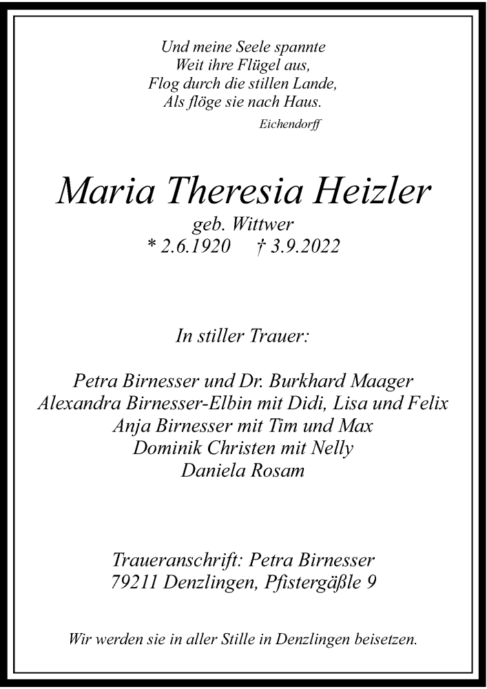 Traueranzeigen Von Maria Theresia Heizler Augsburger Allgemeine Zeitung