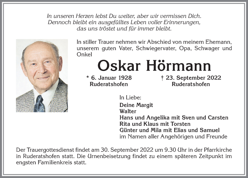 Traueranzeige von Oskar Hörmann von Allgäuer Zeitung, Kaufbeuren/Buchloe