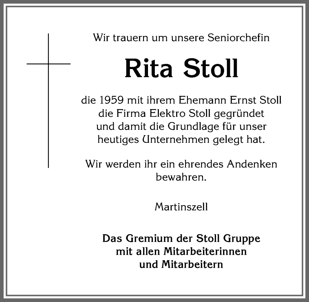 Traueranzeige von Rita Stoll von Allgäuer Zeitung,Kempten