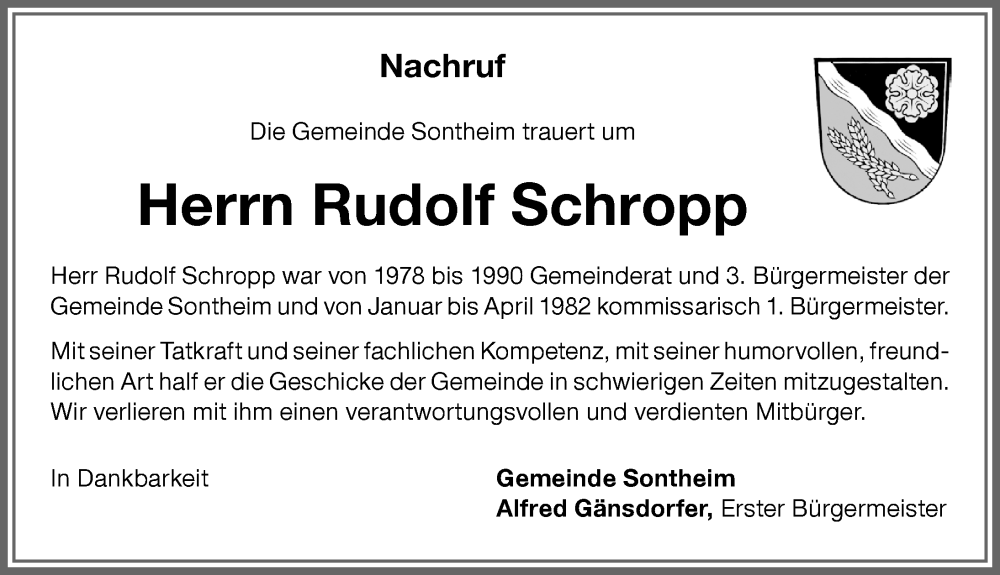 Traueranzeige von Rudolf Schropp von Memminger Zeitung