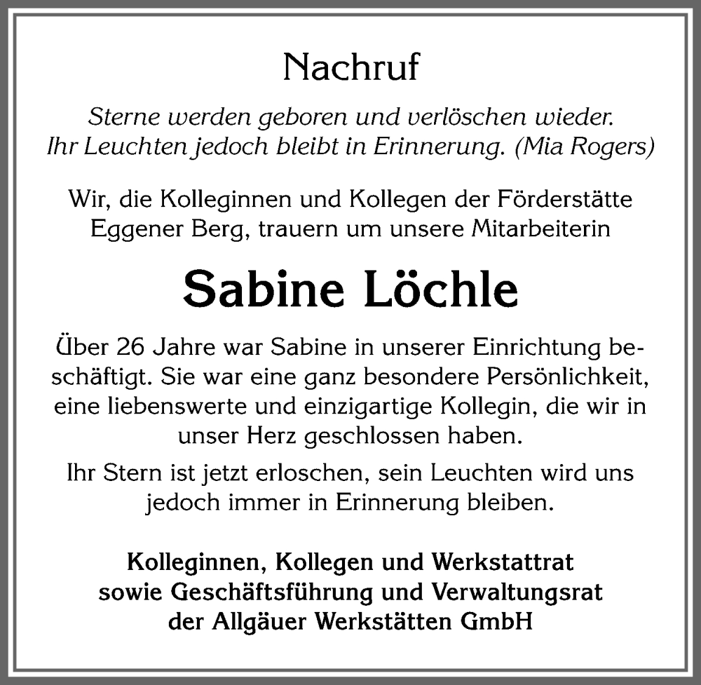 Traueranzeige von Sabine Löchle von Allgäuer Zeitung,Kempten