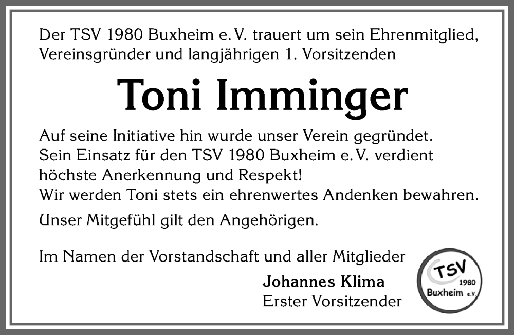 Traueranzeige von Toni Imminger von Memminger Zeitung