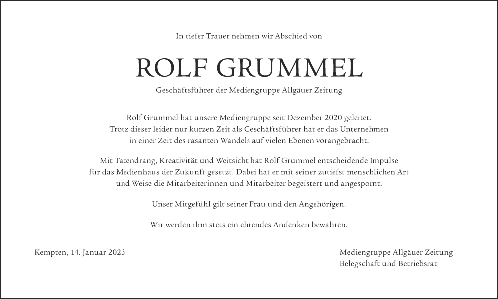  Traueranzeige für Rolf Grummel vom 13.01.2023 aus Allgäuer Zeitung