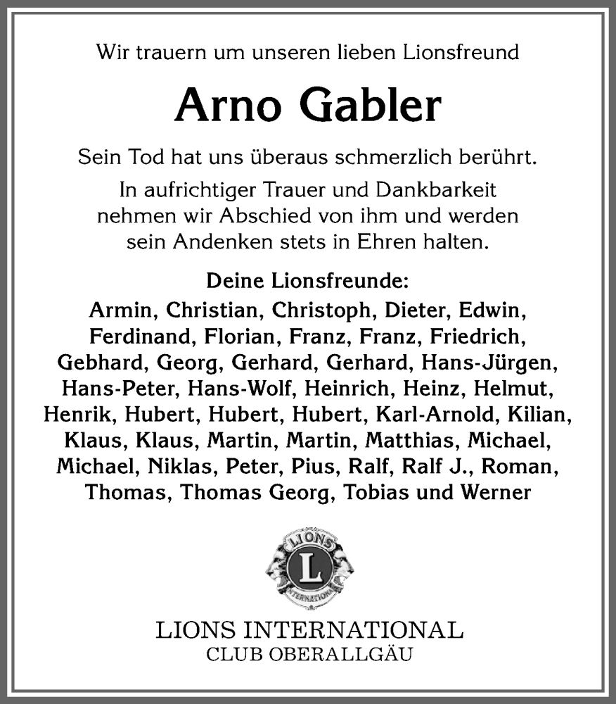 Traueranzeige von Arno Gabler von Allgäuer Anzeigeblatt