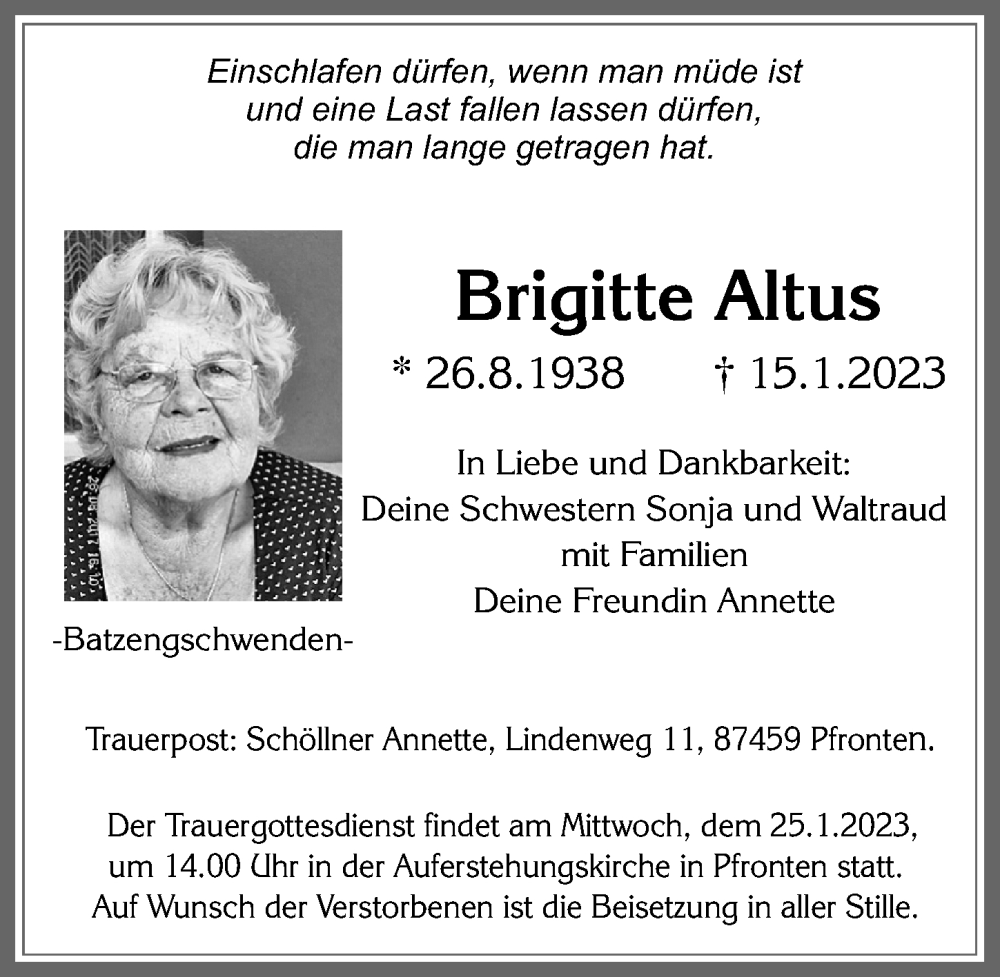  Traueranzeige für Brigitte Altus vom 20.01.2023 aus Allgäuer Zeitung, Füssen