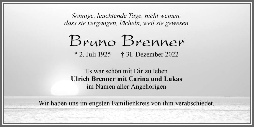 Traueranzeige von Bruno Brenner von Allgäuer Zeitung, Füssen