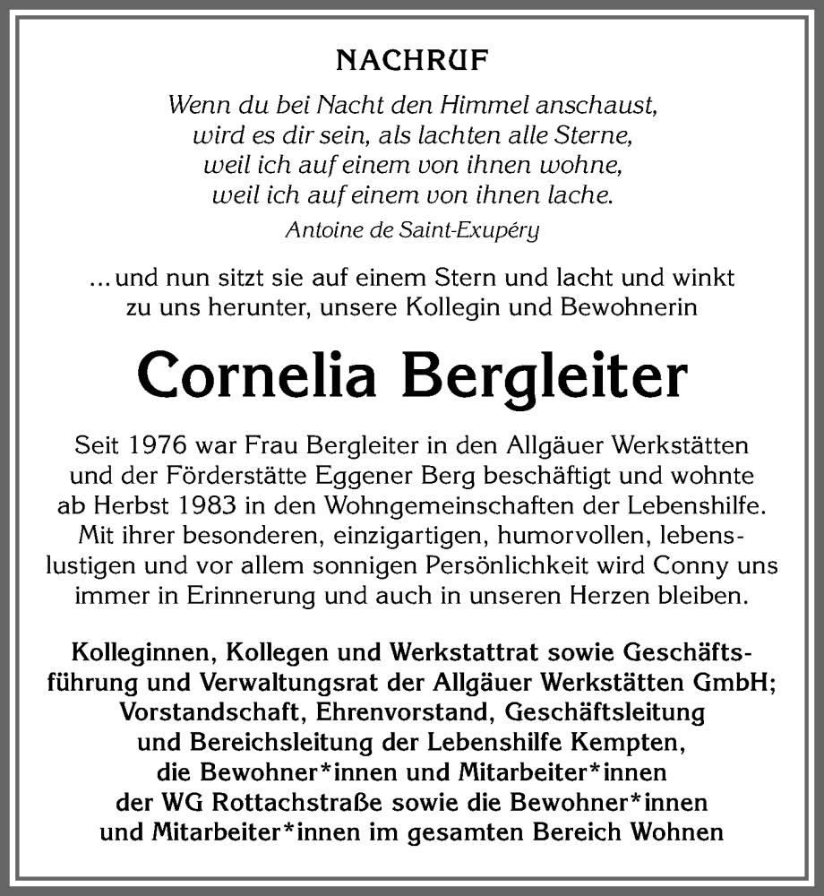 Traueranzeige von Cornelia Bergleiter von Allgäuer Zeitung,Kempten