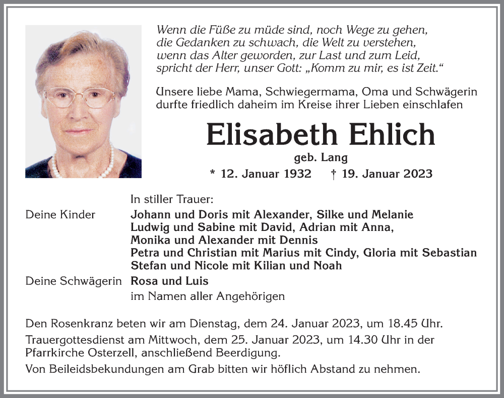 Traueranzeige von Elisabeth Ehlich von Allgäuer Zeitung, Kaufbeuren/Buchloe