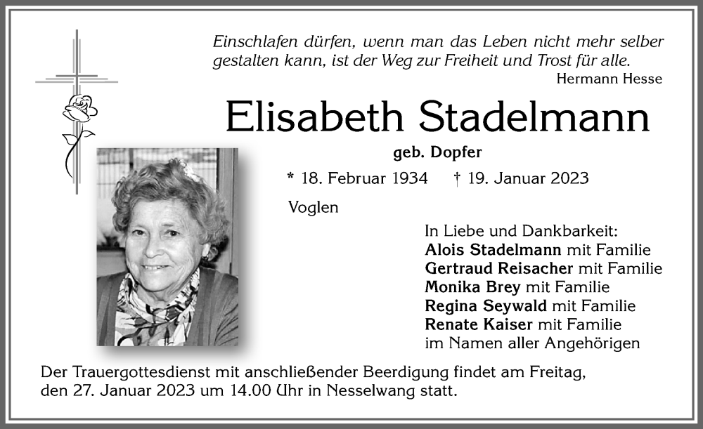 Traueranzeige von Elisabeth Stadelmann von Allgäuer Zeitung, Füssen