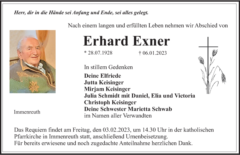 Traueranzeige von Erhard Exner von Memminger Zeitung