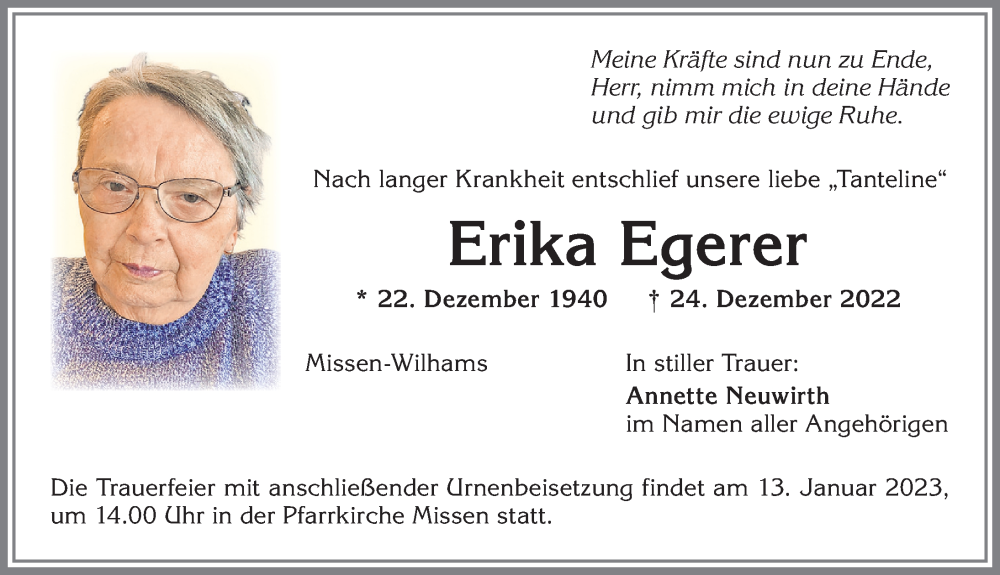 Traueranzeige von Erika Egerer von Allgäuer Anzeigeblatt