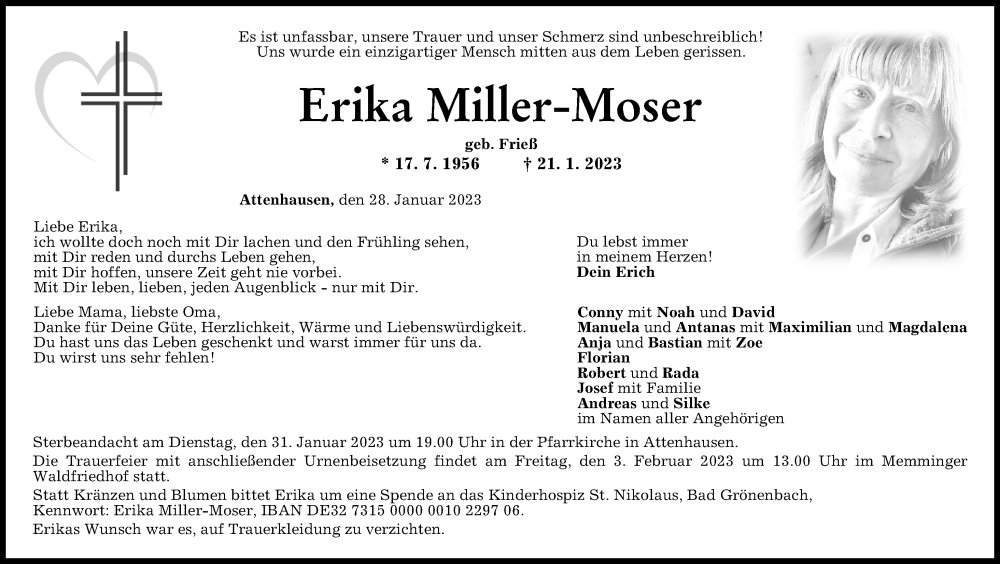 Traueranzeige für Erika Miller-Moser vom 28.01.2023 aus Augsburger Allgemeine, Mindelheimer Zeitung