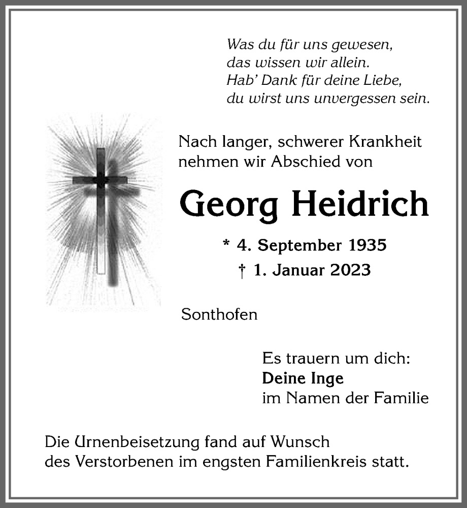Traueranzeige von Georg Heidrich von Allgäuer Anzeigeblatt