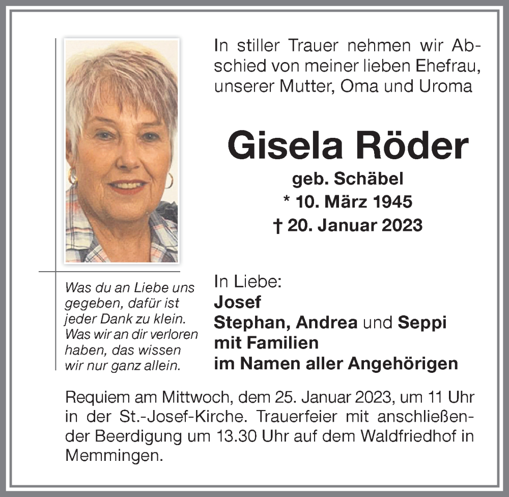 Traueranzeige von Gisela Röder von Memminger Zeitung