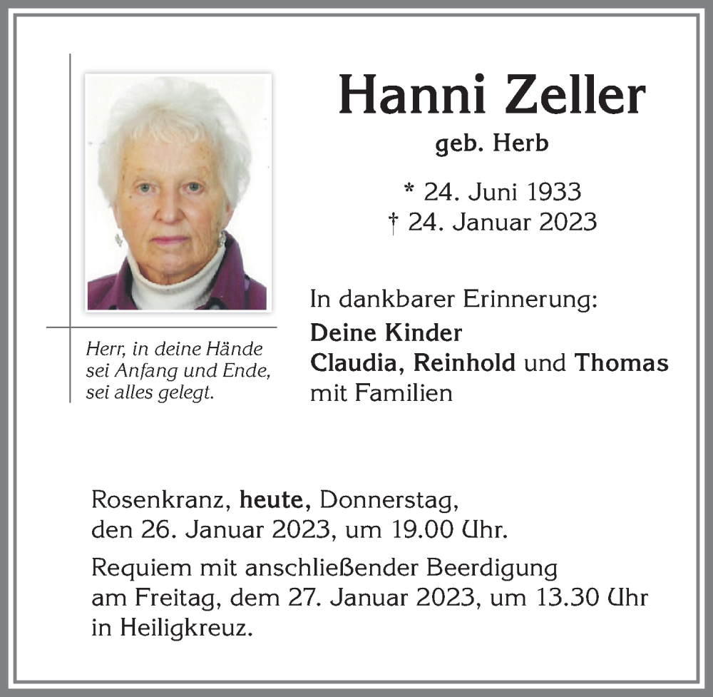 Traueranzeige von Hanni Zeller von Allgäuer Zeitung,Kempten