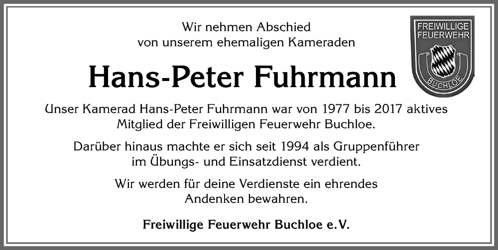 Traueranzeige von Hans-Peter Fuhrmann von Allgäuer Zeitung, Kaufbeuren/Buchloe