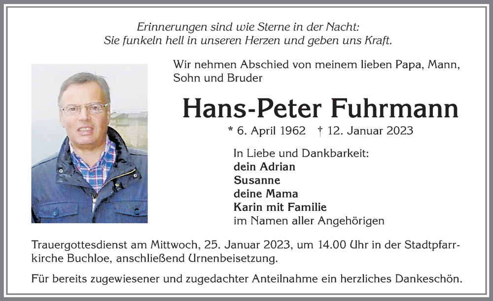 Traueranzeige von Hans-Peter Fuhrmann von Allgäuer Zeitung, Kaufbeuren/Buchloe