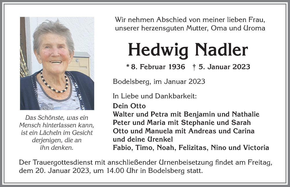 Traueranzeige von Hedwig Nadler von Allgäuer Zeitung,Kempten