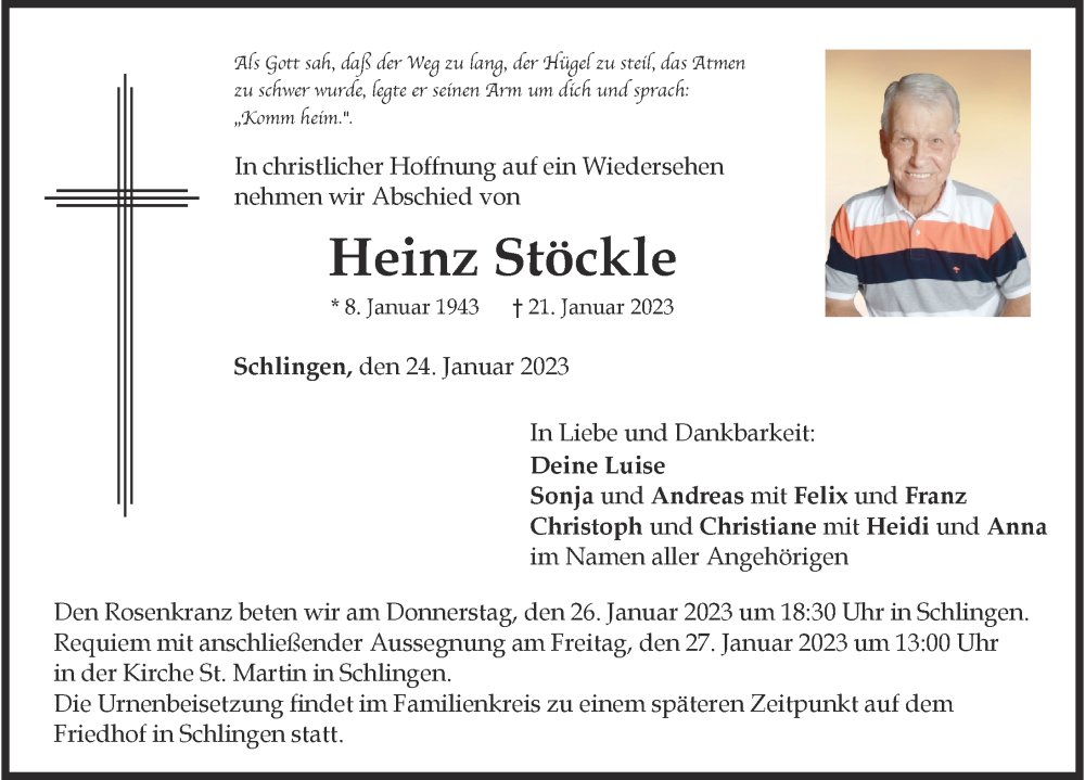  Traueranzeige für Heinz Stöckle vom 24.01.2023 aus Augsburger Allgemeine, Mindelheimer Zeitung