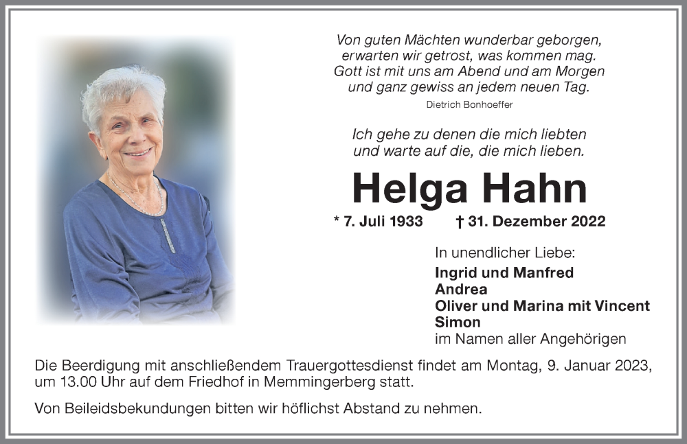 Traueranzeige von Helga Hahn von Memminger Zeitung