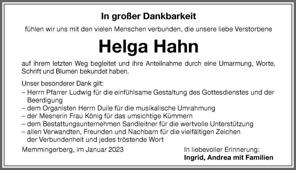 Traueranzeige von Helga Hahn von Memminger Zeitung