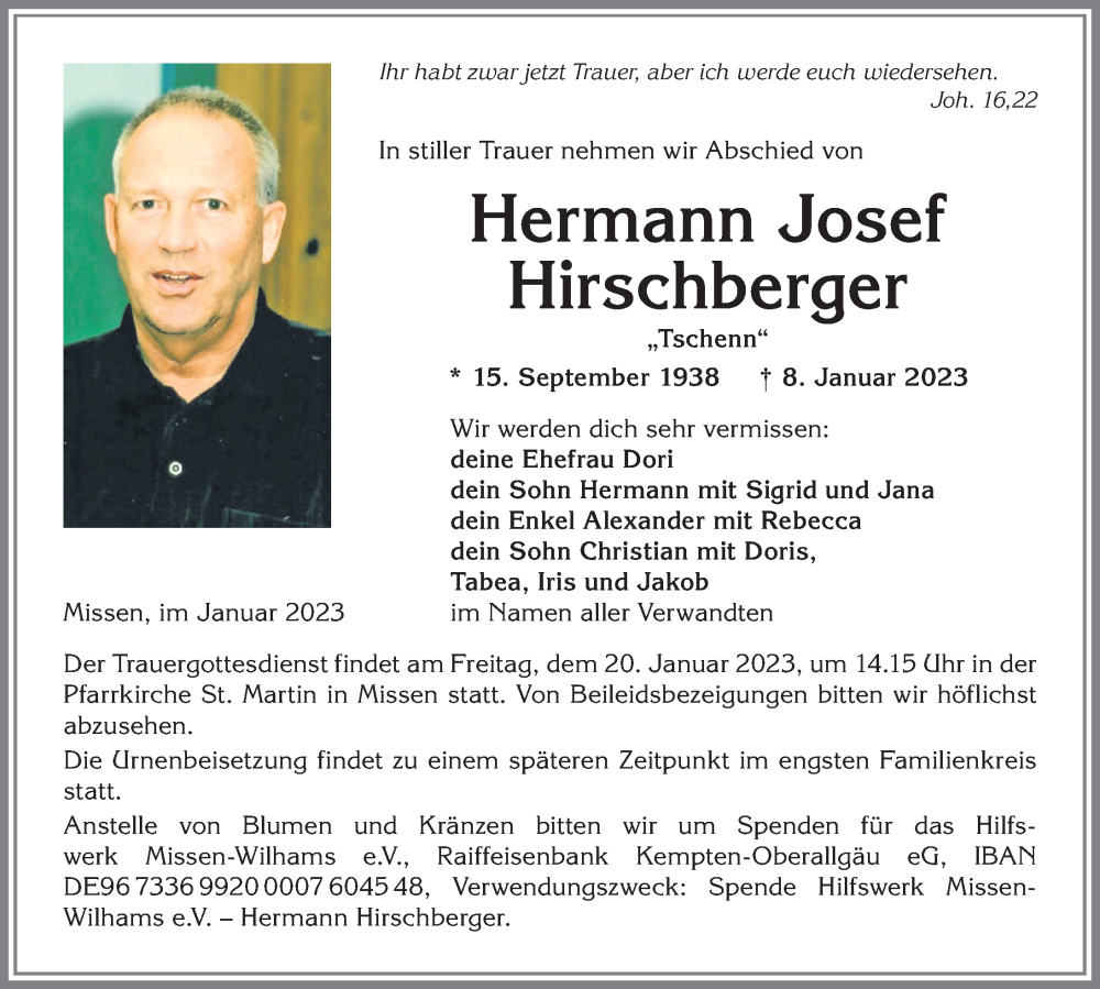 Traueranzeige von Hermann Josef Hirschberger von Allgäuer Anzeigeblatt