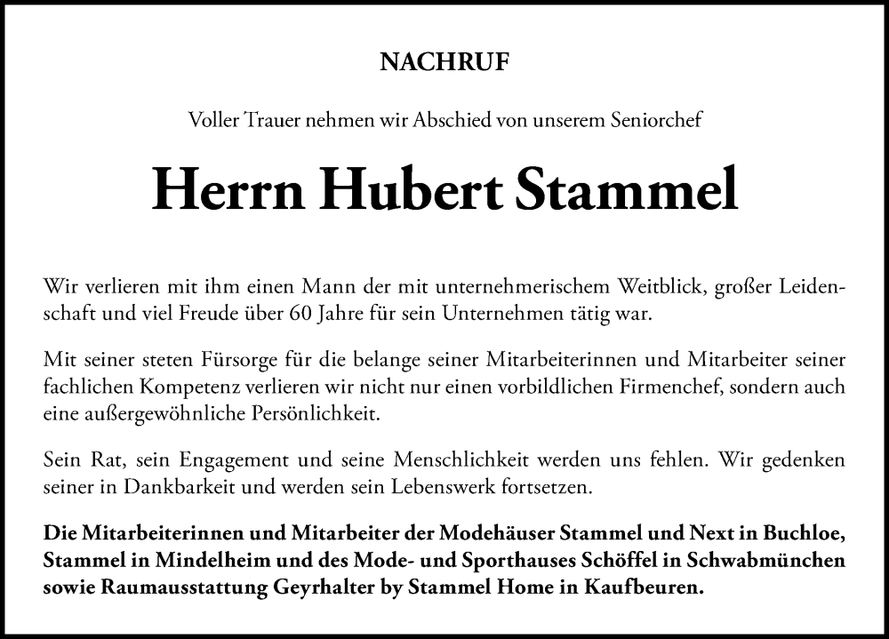  Traueranzeige für Hubert Stammel vom 28.01.2023 aus Augsburger Allgemeine, Landsberger Tagblatt, Schwabmünchner Allgemeine, Mindelheimer Zeitung