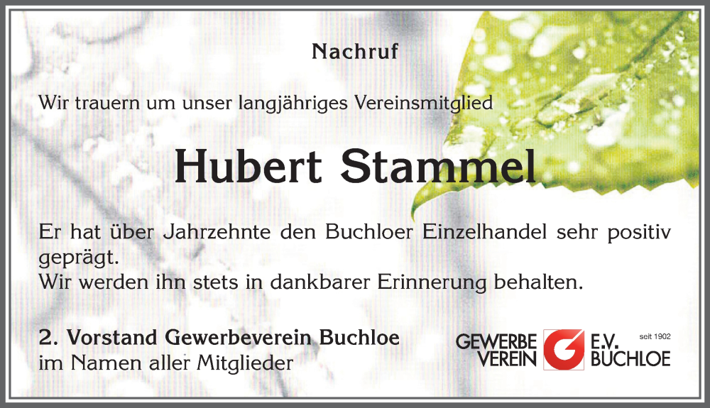 Traueranzeige von Hubert Stammel von Allgäuer Zeitung, Kaufbeuren/Buchloe