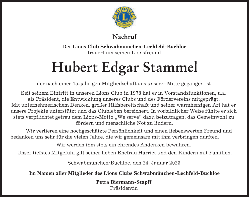  Traueranzeige für Hubert Edgar Stammel vom 24.01.2023 aus Augsburger Allgemeine, Schwabmünchner Allgemeine