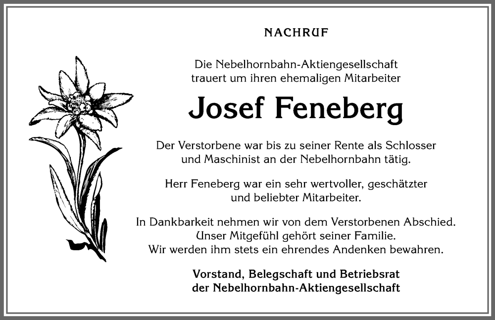 Traueranzeige von Josef Feneberg von Allgäuer Anzeigeblatt