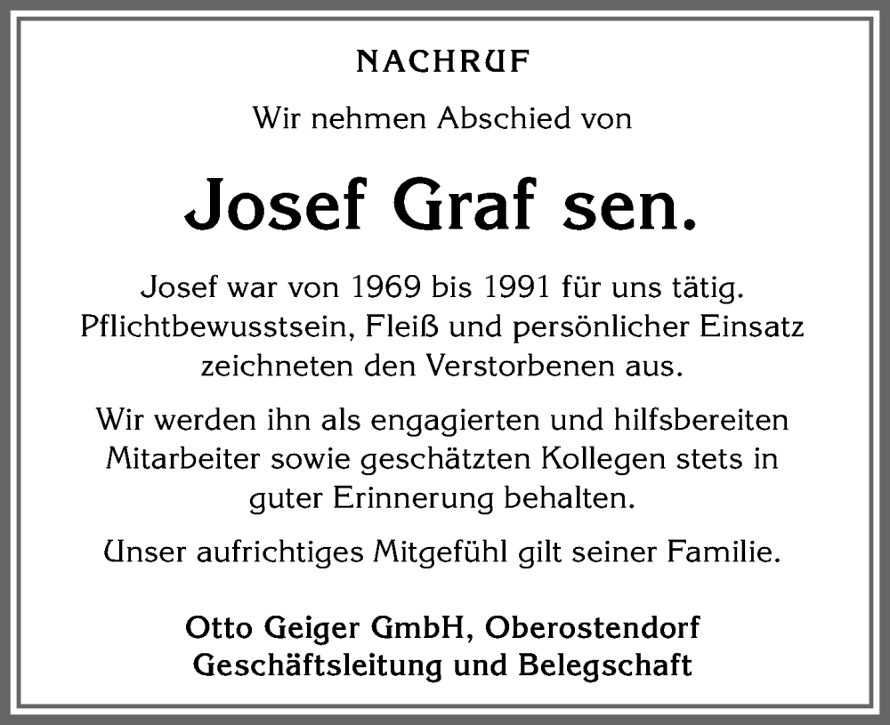 Traueranzeige von Josef Graf von Allgäuer Zeitung, Kaufbeuren/Buchloe