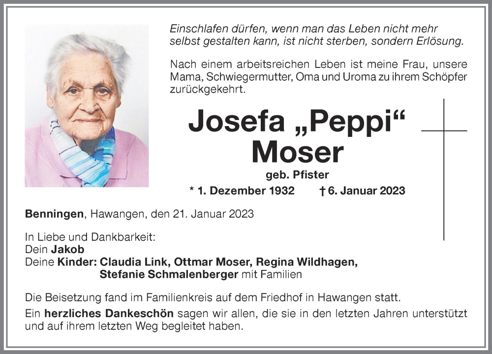 Traueranzeige von Josefa Moser von Memminger Zeitung