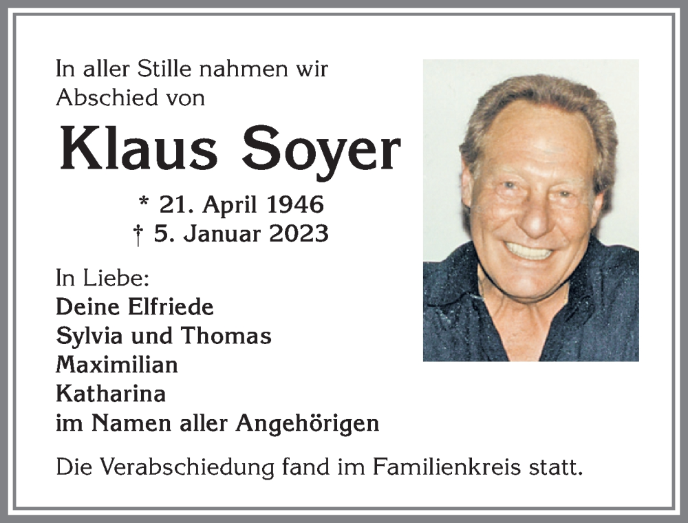 Traueranzeige von Klaus Soyer von Allgäuer Zeitung,Kempten