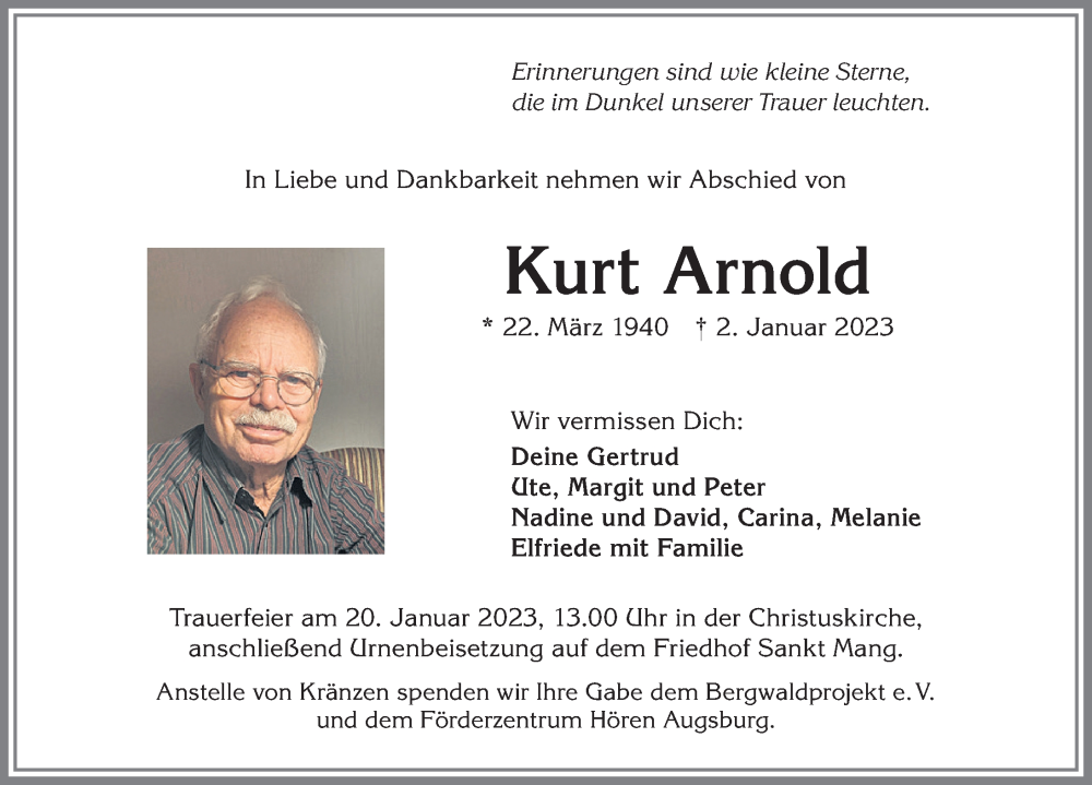 Traueranzeige von Kurt Arnold von Allgäuer Zeitung,Kempten