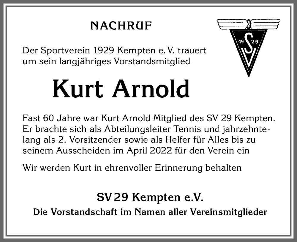 Traueranzeige von Kurt Arnold von Allgäuer Zeitung,Kempten