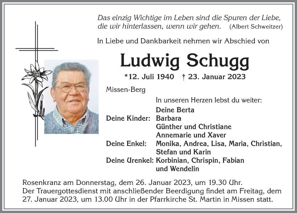 Traueranzeige von Ludwig Schugg von Allgäuer Anzeigeblatt