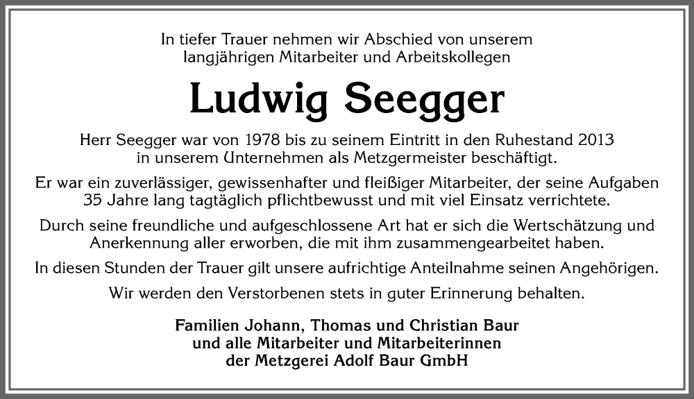 Traueranzeige von Ludwig Seegger von Allgäuer Zeitung, Marktoberdorf