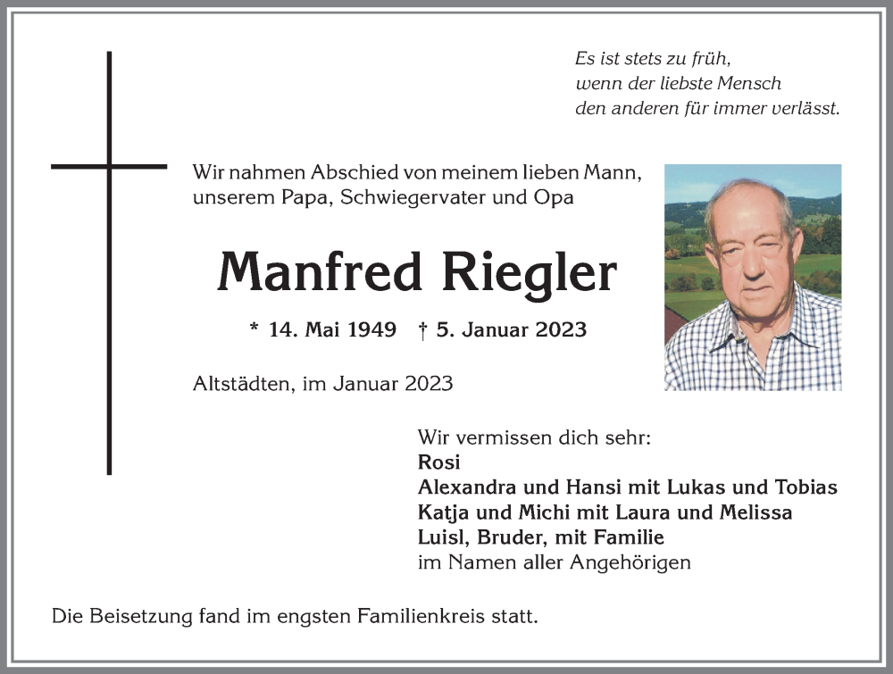 Traueranzeige von Manfred Riegler von Allgäuer Anzeigeblatt