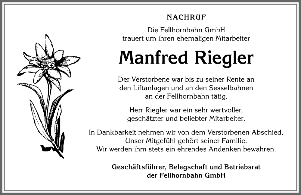 Traueranzeige von Manfred Riegler von Allgäuer Anzeigeblatt
