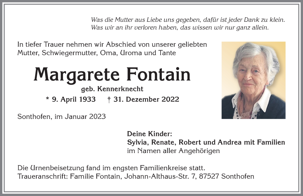 Traueranzeige von Margarete Fontain von Allgäuer Anzeigeblatt