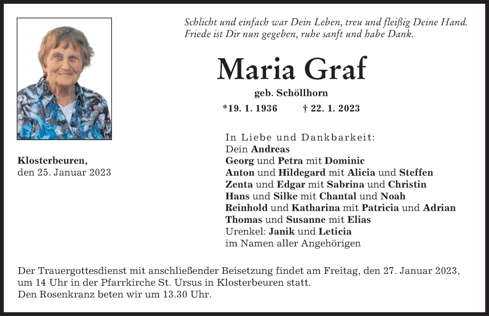 Traueranzeige von Maria Graf von Augsburger Allgemeine, Illertisser Zeitung