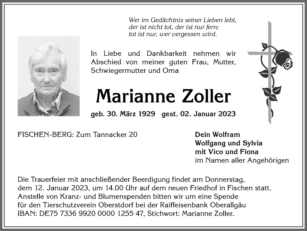 Traueranzeige von Marianne Zoller von Allgäuer Anzeigeblatt