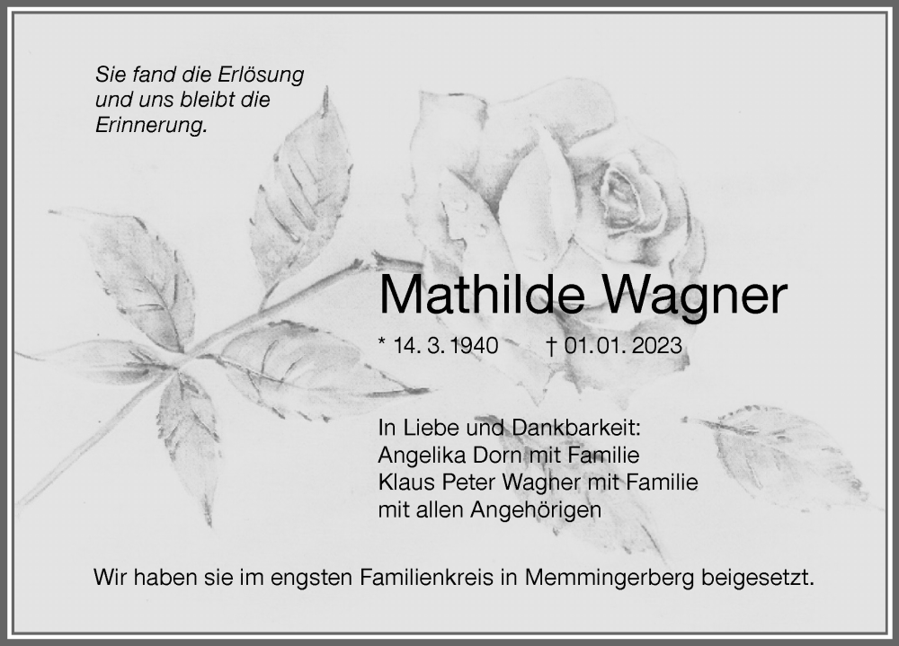 Traueranzeige von Mathilde Wagner von Memminger Zeitung