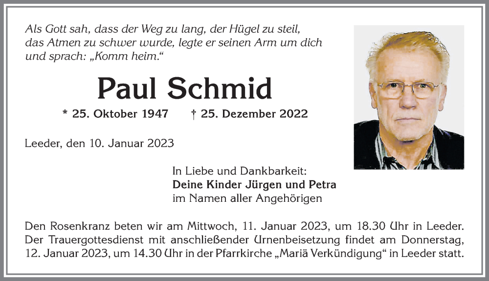  Traueranzeige für Paul Schmid vom 10.01.2023 aus Allgäuer Zeitung, Kaufbeuren/Buchloe